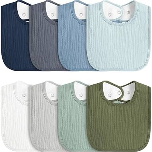 8-Pack Baby Muslin Bibs, Soft Cotton Drool Bibs for Boys Girls, Adjustable and Absorbent Newborn Bib Set for Feeding and Drooling