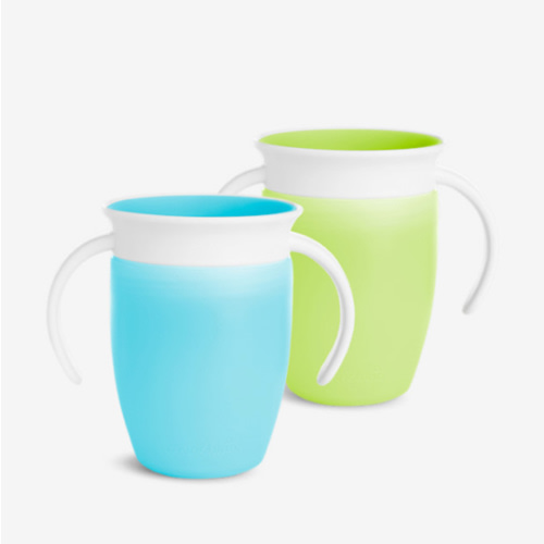 Munchkin Sippy Cup for 6 Month Old and Up, Spill Proof Miracle 360 Toddler Cups with Transition Handles, 7 Ounce, 2 Pack, Blue/Green