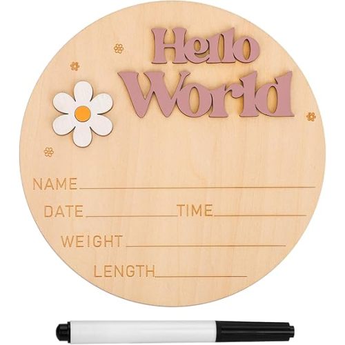 Wooden Hello World Newborn Sign, Baby Announcement Sign Birth Announcement Plaque Baby Name Sign Board Newborn Welcome Sign for Girl Boy Baby Shower Nursery Hospital Photo Prop