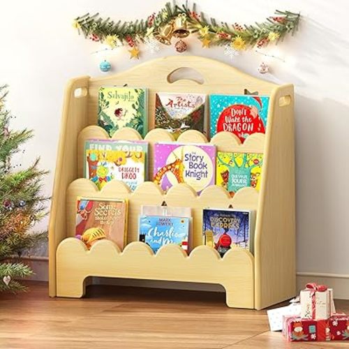 3-Tier Montessori Wooden Bookshelf for Kids, Toddler Book Rack Toy Organizer and Storage, Small Book Display Stand for Baby, Bookshelves Furniture for Classroom, Nursery, Playroom, Library