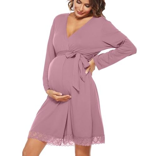 SWOMOG Women's Maternity Nursing Robe Pregnancy Hospital Breastfeeding Bathrobes 3 in 1 Labor Delivery Nightgowns