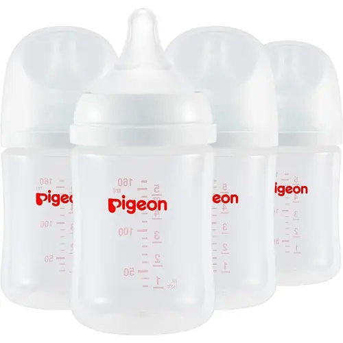 Pigeon PP Nursing Bottle Wide Neck, Anti-Colic, Streamlined Body, Natural Feel, Easy to Clean, 5.4 Oz (Pack of 4), Includes 4pcs SS Nipples (0m+)