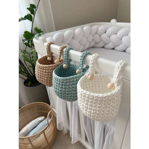 Crib hanging storage basket, Baby bed basket, crochet storage basket, crib pocket organizer, Hanging storage basket, Crib Cot organizer