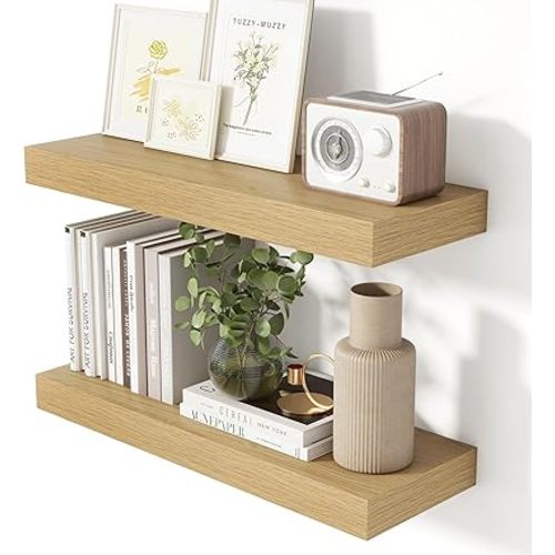 24 Inch Floating Shelves for Wall Oak Shelves Set of 2,Wall Mounted Rustic Wood 8 Inch Deep Floating Shelf with Invisible Brackets for Bedroom Kitchen Living Room