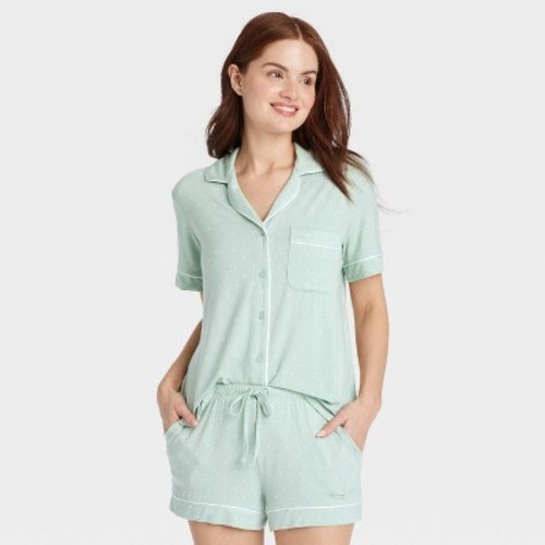 Women's Cloud Knit Short Sleeve Notch Collar Shirt and Shorts Pajama Gift Set - Auden™ Green/Polka Dot XL: Modal Spandex Blend