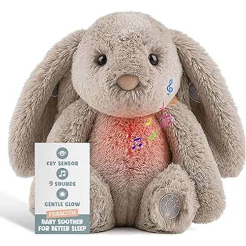Gemma Joy Baby Sleep Soother Bunny for Baby – Cry Activated Heartbeat Stuffed Animal – Rechargeable Crib Soother with White Noise, Shush, Lullabies & Night Light – Newborn Essentials Must Haves