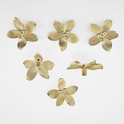 6 Pack Brushed Gold Flower Cabinet Knobs, 60mm/ 2.36" Kitchen Gold Drawer Pulls, Bathroom Zinc Petal Handles for Dresser Drawer, Decoration Knob of Cupboard Furniture Hardware (6 Flower)
