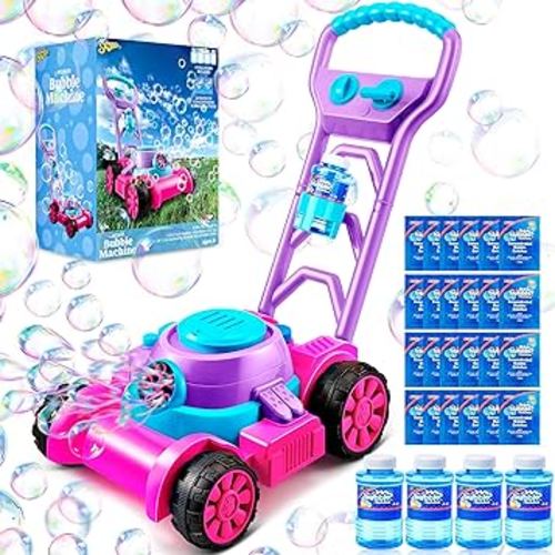 Sloosh Bubble Lawn Mower Toddler Toys - Kids Toys Bubble Machine Summer Outdoor Toys Games, Bubble Mower Push Toy for Age 1 2 3 4 Year Old Preschool Kid Boys Girls Birthday Gifts (Pink)