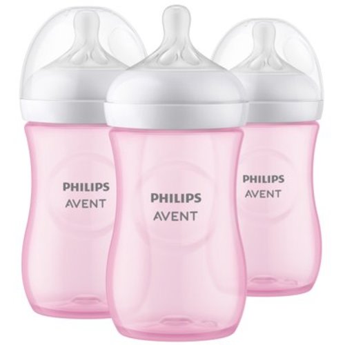 Avent 3-Pack Ergonomic Natural Wide-Neck Bottles (9 oz.) - Anti-Colic, Easy Latch, Pink