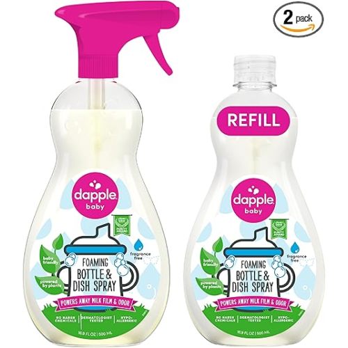 Dapple Baby Bottle & Dish Foaming Power Spray, Hypoallergenic Dish Soap for Baby Bottles, Powered by Plants, Fragrance Free, 16.9 Fl Oz (Pack of 2)