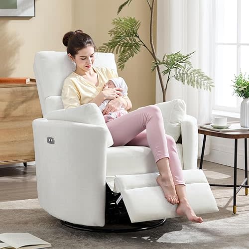 Power Recliner Swivel Glider Rocker Recliner Chair Nursery Rocking Chair Upholstered Adult Rocking Chair with 2 Pillows for Living Room Bedroom(White, Power-Driven)