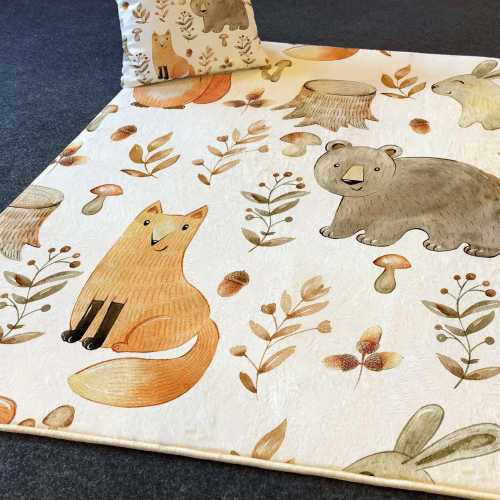 Woodland Animals Kids Rug - Washable Play Mat with Free Cushion Cover - Perfect for Nurseries & Playrooms