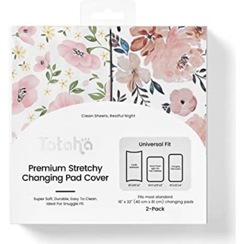 TotAha Premium Stretchy Changing Pad Covers (2-Pack) Hypoallergenic, Silky Comfort, Buttery Soft, Calming Effect, All-Season Jersey-Knit 5'' Deep Pocket(Meredith Allover Floral & Pale Pink Flowers)