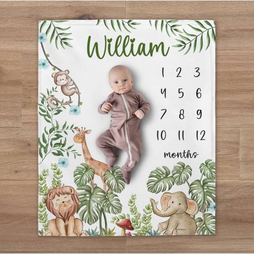 Safari Milestone Blanket, Custom Jungle Anmals Boy Blanket, Personalized Elephant Giraffe Baby Month Blanket, Newborn Gift, Baby Shower Gift