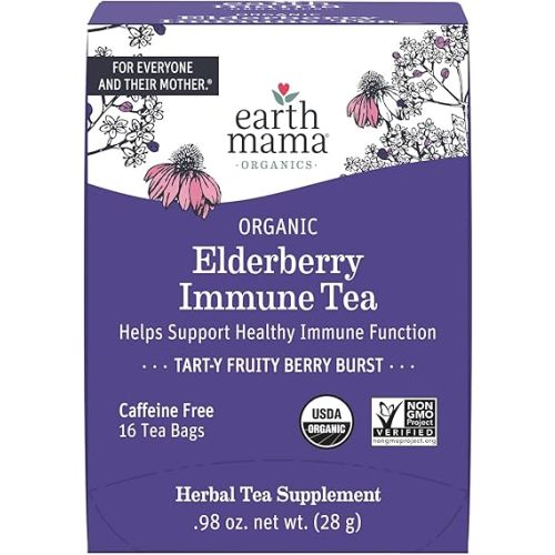 Earth Mama Organic Elderberry Immune Support Tea with Echinacea | Safe For Pregnancy, Breastfeeding, Postpartum, Kids and Family Essentials, Decaf Tea with Ginger & Rooibos, 16-Count