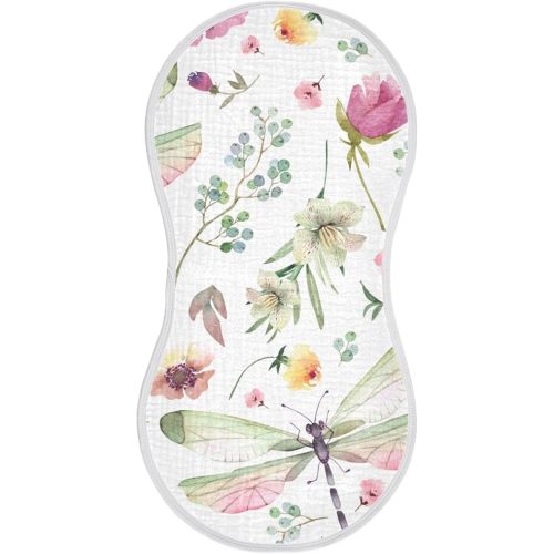 2 Pack Flowers Dragonflies Muslin Burp Cloths Cotton Absorbent Baby Burping Rags for Boys Girls Soft Newborn Burp Bibs, 22 x 11 Inch