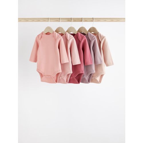 Pink 5 Pack Essential Long Sleeve 100% Cotton Baby Bodysuits