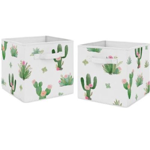 Sweet Jojo Designs Girl Set Of 2 Kids' Decorative Fabric Storage Bins Cactus Floral Pink And Green
