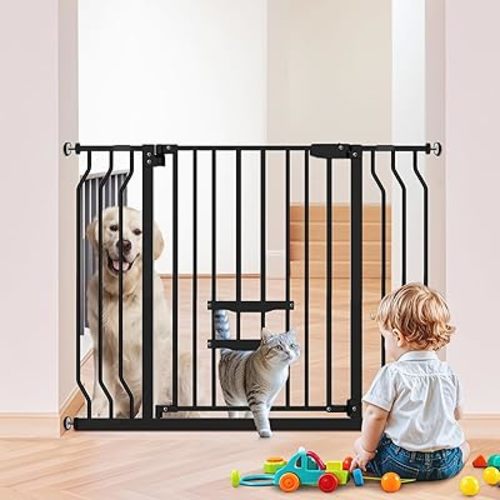Extra Tall Baby Gate with Cat Door - Upgraded 29.5-43" Wide Child Gate with Adjustment Pet Door, Auto Close Easy Walk Thru Baby Gate, Wall Mounted Gate Includes 4 Wall Cups 2 Extensions