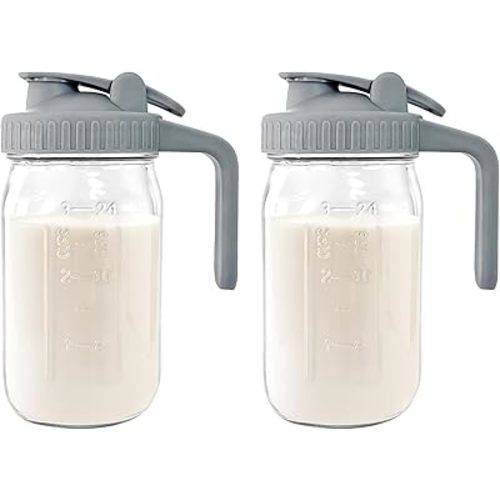 Breast Milk Pitcher - 32 oz Glass Mason Jar with Dual Leak-Proof Design, Airtight Seal, Pour Spout & Handle, Storage Container for Breastmilk, Iced Tea & Ice Drinks（2PACK）