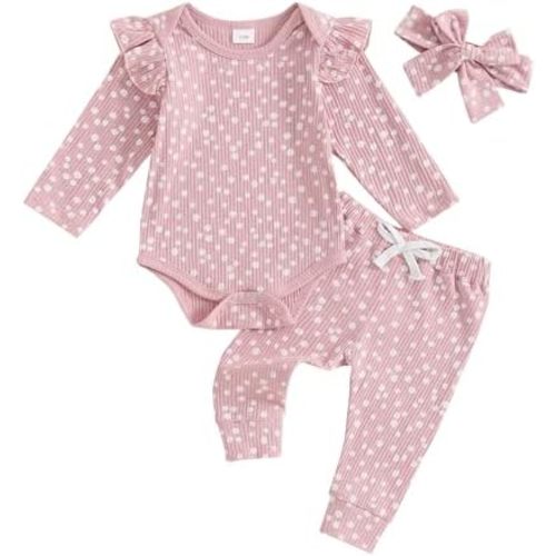 Mandizy Baby Girl Clothes Ribbed Ruffle Long Sleeve Romper Pant Set Newborn Infant Fall Winter Floral Print 3Pcs Outifts