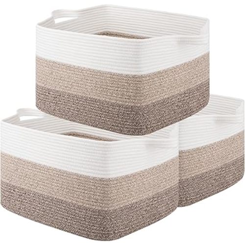 OIAHOMY Rectangle Woven Storage Basket - Nursery Cotton Rope Baskets for Storage, Toy Basket Organizing for Living Room, 17.7"x13.8"x11"- Pack of 3 - Gradient Yellow