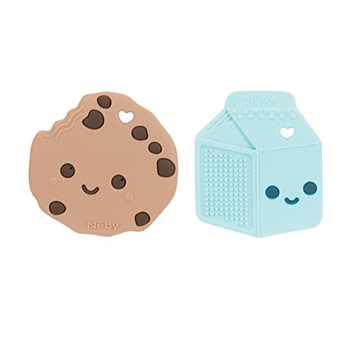 Nuby All Silicone Chocolate Chip Cookie & Milk Carton Teether – 2 Pack, 3+ Months