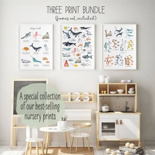 Ocean Nursery Prints Set of 2 or 3 , Children's Art Prints, Sea Animals Alphabet Wall Art Bundle, Posters for Baby Boys and Girls Room