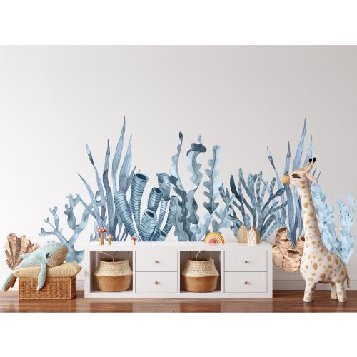 Navy Blue Seaweed & Coral Fabric Wall Decal Set of 9 | Ocean Nursery Decor | Nautical Marine Sea Life Nursery Sticker | Removable Fabric