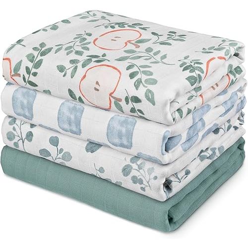Gllquen Baby Muslin Swaddle Blankets 4-Pack Breathable Receiving Blankets (35" x 40") Soft Baby Blankets for Girls and Boys Newborn Essentials Muslin Burp Cloths Swaddle Wrap Baby Gift(Apple Paradise)