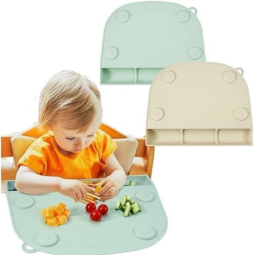 PandaEar 2 Pack Silicone Suction Placemats for Baby Kids, Food Grade Mats Toddler Placemats with Food Catching Pockets for Dining Table & Restaurants -Green/Light Tan