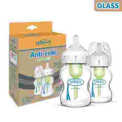 Dr. Brown's Anti-Colic Options+ Wide-Neck Glass Baby Bottle, 5oz/150ml, Slow Flow Nipple, BPA Free, 0m+, 2 Pack
