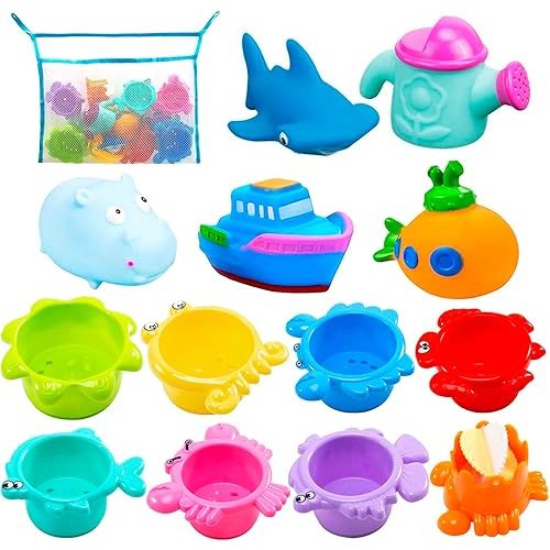 INNOCHEER Baby Bath Toys for Water Table, Toddler Water Toys with Mold Free Bath Toys Stacking Cups, Quick Dry Organizer Net, 13 Pcs Water Table Toys for Toddlers Bathtub Game, Beach and Pool Party