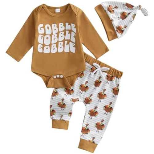 Newborn Baby Boy Thanksgiving Outfit Gobble Long Sleeve Romper Bodysuit Turkey Jogger Pants Hat Set 3Pcs Clothes