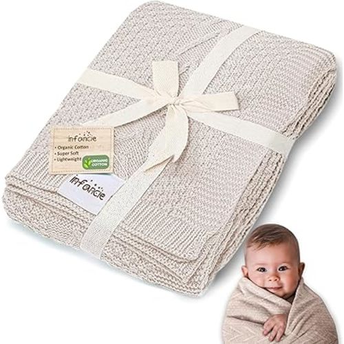 Organic Cotton Baby Blanket - 31.5 x 43.3 Inches, Soft Knitted Crib Blanket for Boys & Girls, Breathable Design (Beige)