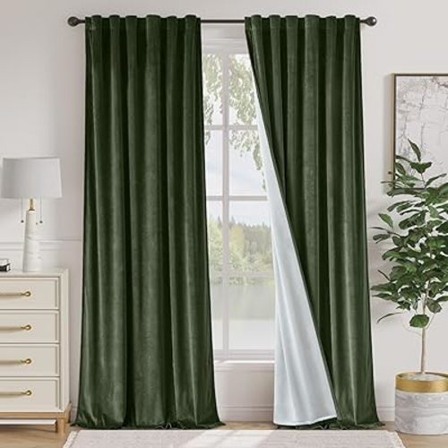 Lazzzy Velvet Green Curtains 108 Inches Long Black Out Thermal Insulated Room Darkening Curtain Drapes Luxury Back Tab Window Treatments for Bedroom Living Room 2 Panels, 52 x 108 Inch, Moss Green