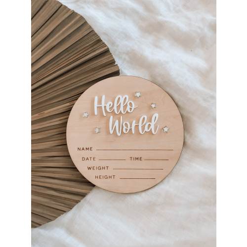 Hello World Sign, Baby Announcement, Hello World Wooden Sign, Baby Announcement Plaque, Newborn Photo Prop, Nursery Decor, Hello World Disc