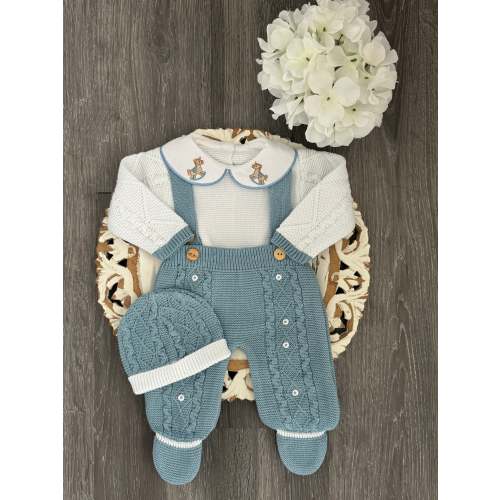 Rocking Horse Collar Double Suspender Buttons Knit Romper in Blue and White