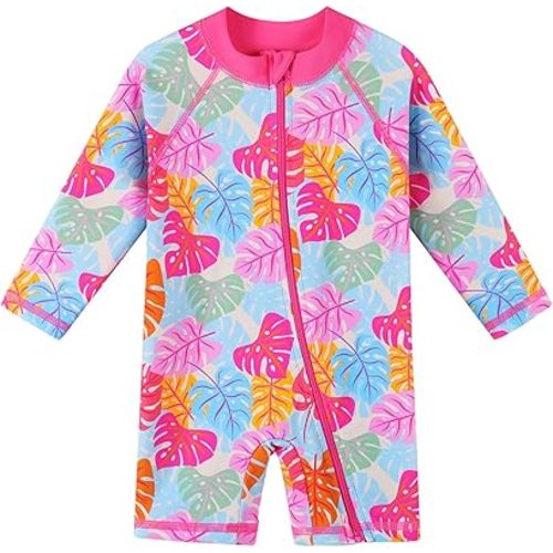 HUAANIUE Baby/Toddler Girls Long Sleeve Zipper Closure Swimsuit One Piece Swimwear with UPF50+ Sun Protection