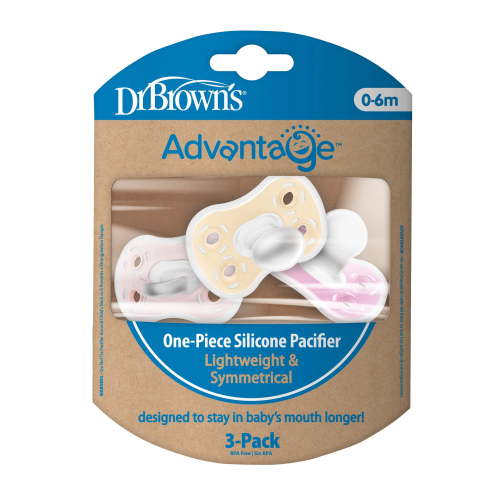 Dr. Brown's Advantage One-Piece Silicone Baby Pacifier, Fully Symmetrical, Ecru/Light Purple/Pink, 0-6m, BPA Free, 3-Pack