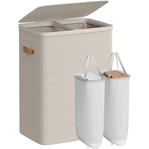 SONGMICS Laundry Basket, 44.9 Gal. Laundry Hamper, 2 Compartments, Easy Assembly, with Lid and Handles, Removable Liners, 22 x 15.7 x 29.5 Inches, Cappuccino Beige ULCB813L01