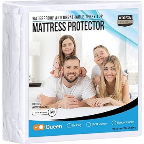 Utopia Bedding Waterproof Mattress Protector Queen Size, Premium Terry Mattress Cover 200 GSM, Breathable, Fitted Style with Stretchable Pockets (White)