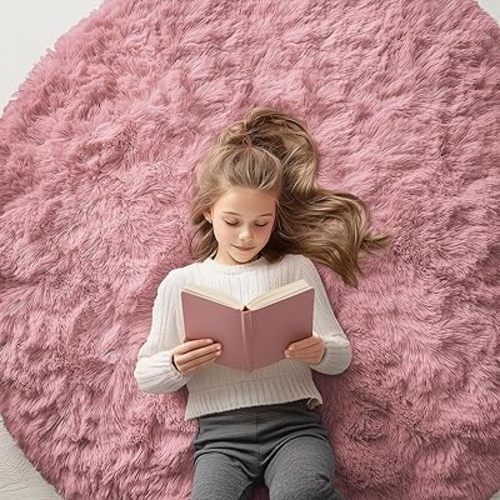 OLANLY Pale Pink Round Rugs for Bedroom - Machine Washable, 5x5 Feet Circle Area Rugs for Living Room, Soft and Fluffy Shaggy Carpet for Teen Girls and Boys, Dorms, Nursery Rooms, Home Decor Aesthetic