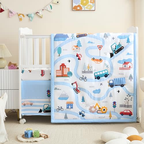 3-Piece Crib Bedding Set for Boys Girls - Ultra Soft & Skin Friendly Baby Bedding Set Includes Crib Comforter, Sheet & Crib Skirt(Vehicle)