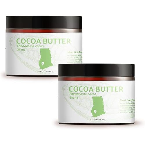 Cocoa Butter (12oz) - Direct from Shea Tree Ghana, our supplier in West Africa - From Natural Cocoa Seeds - Moisturizes & Nourishes - Natural Body Butter 2 Pack