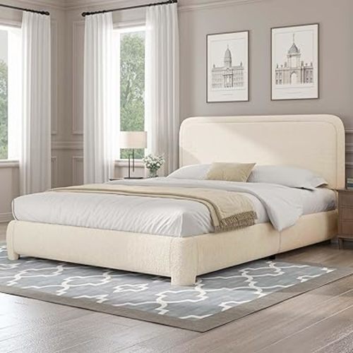 Full Size Bed Frame with Headboard, Boucle Upholstered Platform Bed Frame, Modern Style, Soft Rounded Corners, No Box Spring Required, Easy Assembly, Cream