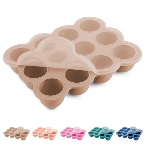 HIWOOD Baby Food Freezer Tray with Clip on Lid, 12 x 1.5 Ounce Baby Food Storage Container, Baby Silicone Freezer Molds for Fruit Purees & Vegetables (Light Brown)