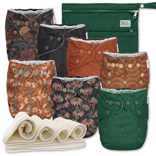 Nora's Nursery Cloth Diapers 7 Pack with 7 Inserts & 1 Wet Bag - Waterproof Cover, Washable, Reusable & One Size Adjustable Pocket Diapers for Newborns and Toddlers - Dahlia