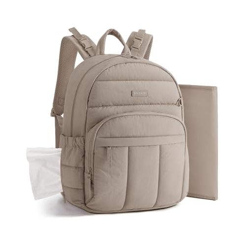 BAGSMART Diaper Bag Backpack, Multi-Pocket Puffy Diaper Bag with Waterproof Changing Pad, Lightweight Stroller-Friendly Diaper Bag with Insulated Pockets, Easy-Access Baby Essential, Camel