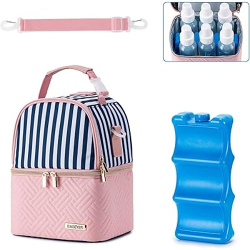 Breastmilk Cooler Bag with Ice Pack Fits 6 Baby Bottles up to 9 Ounce, Breast Milk Pump Cooler Bag with Shoulder Strap for Nursing Mom Daycare, Work, Travel- Straps